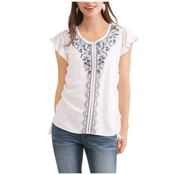 Womens Time & Tru White Embroidered Flutter Sleeve Top Blouse - Sz XXL - Picture 1 of 2